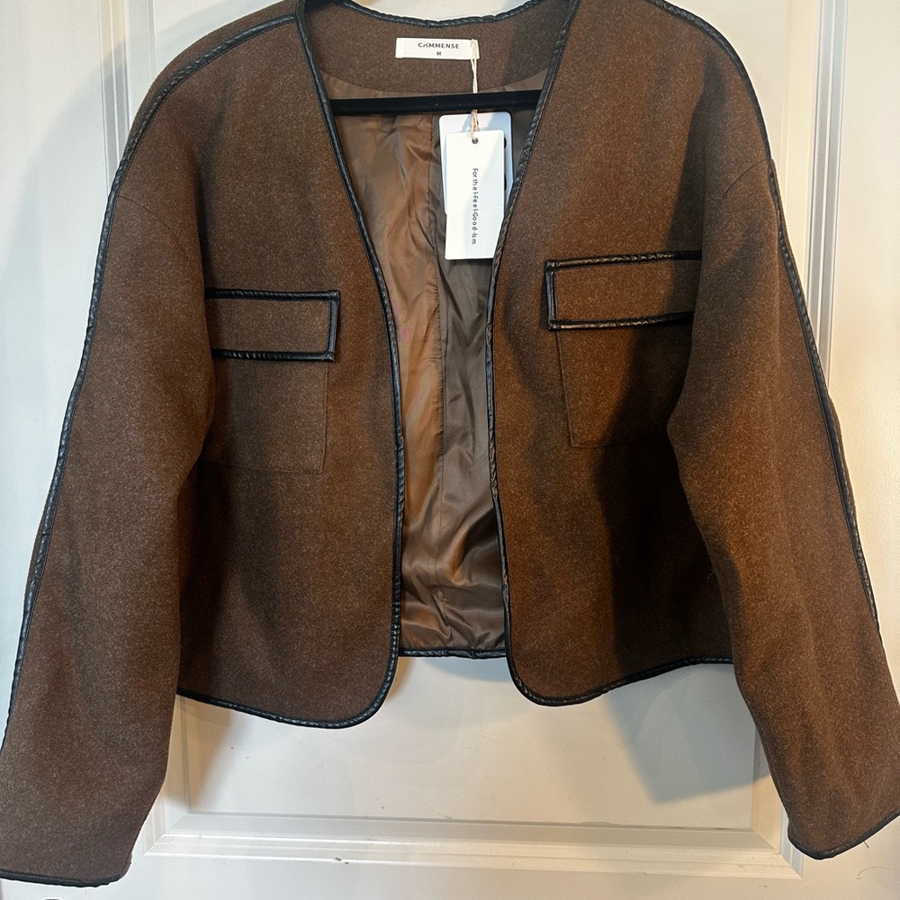 NEW Commense Contrast Trim Tweed Brown Black Trim Open Lightweight Coat, Medium - Picture 12 of 14